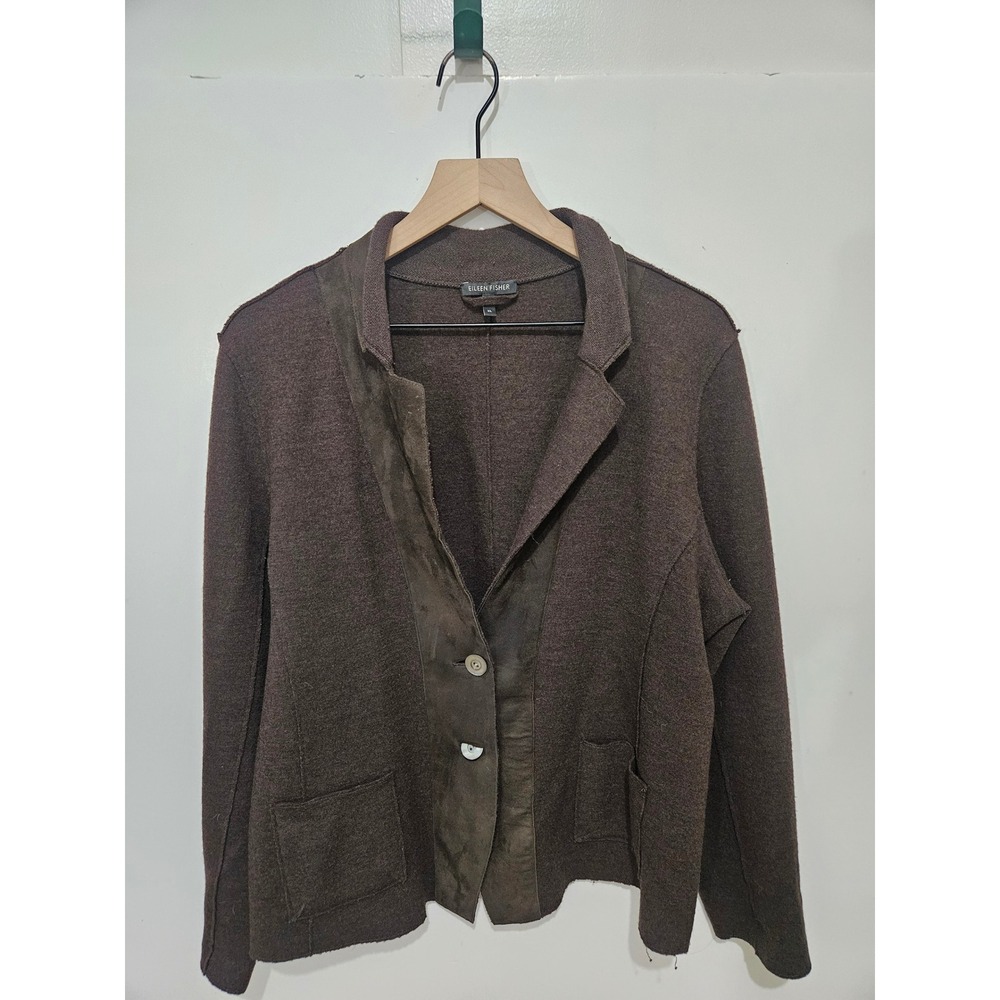 Eileen Fisher Brown Merino Wool Leather Trim Button Front Cardigan Jacket XL